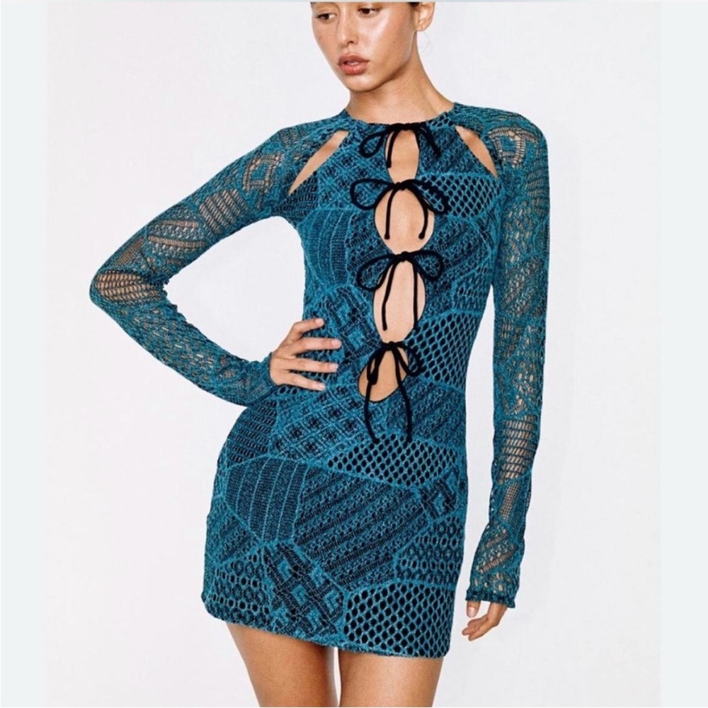With Jean Teal Long Sleeve Lace Dress
